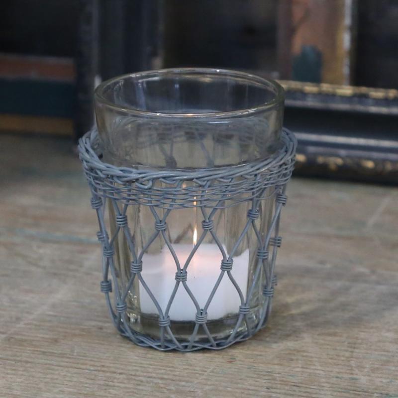 1 Chic Antique Gl. fransk Glas med fil de fer ljushllare H9/8 cm antique zink