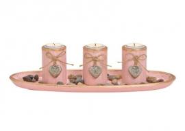 1 G.wurm Värmeljushållare 3-ljus på bricka stenar trä rosa (B/H/D) 39x12x15cm