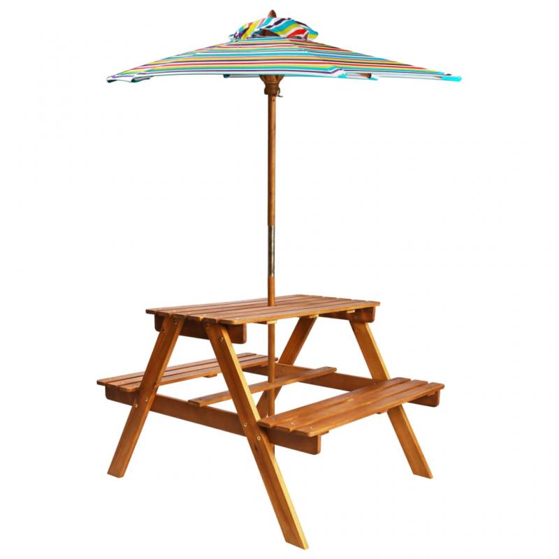 1 VidaXL Picknickbord fr barn med parasoll 79x90x60 cm massivt akaciatr