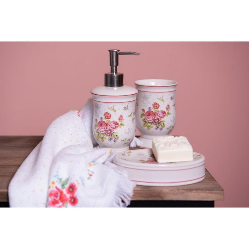 1 Clayre Eef Baddekoration Badrumsset 3 delar vita rosa keramik blommor Badrumstillbehr