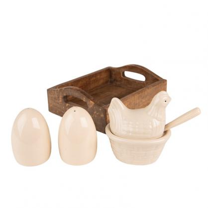 1 Clayre Eef Set med salt & pepparkar med bricka 19x15x12 cm Vit Brun Keramik